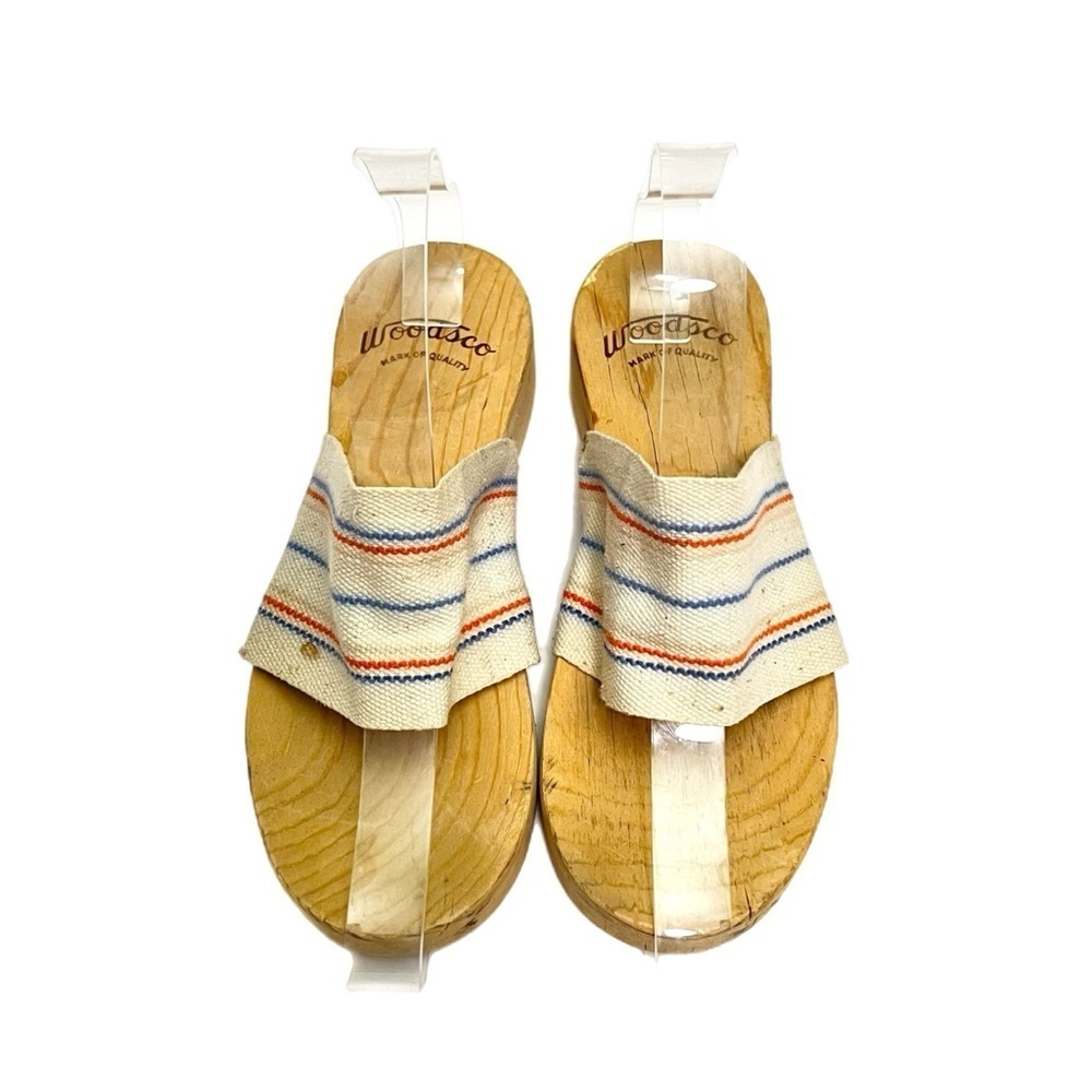 Vintage 1960s striped canvas open toe wooden sandals - Picture 3 of 8